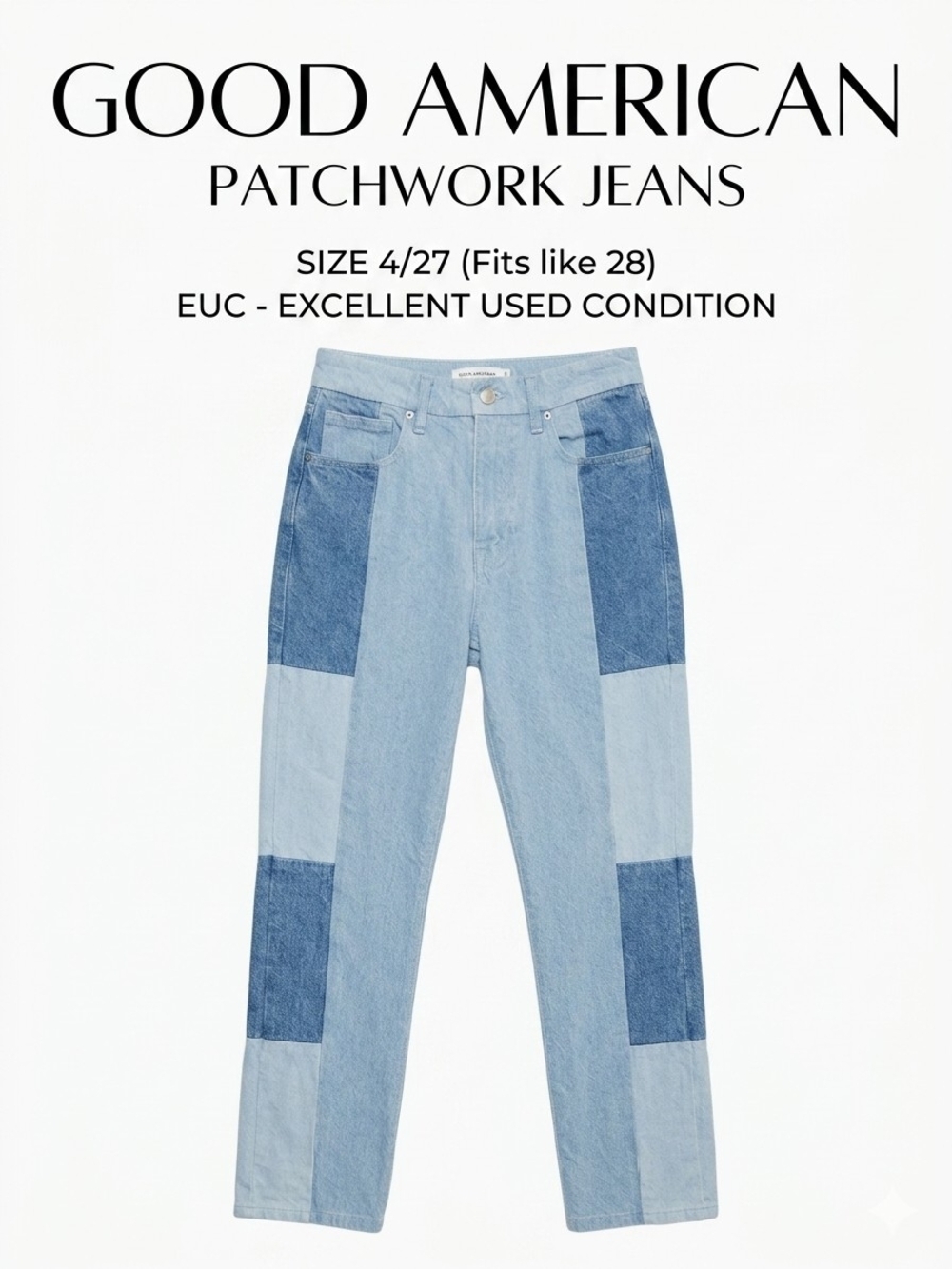 Good American Blue Patchwork Straight Leg Jeans EUC Size 4